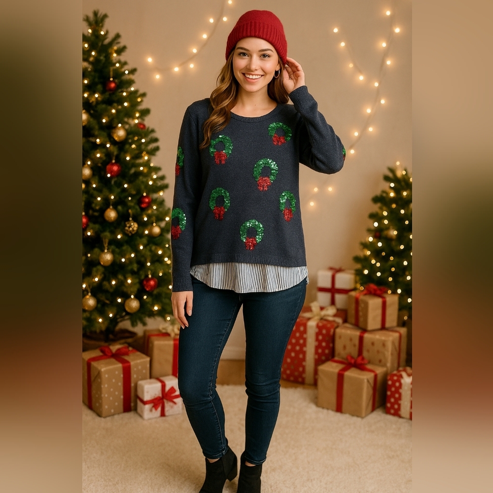 Crown & Ivy Sparkle Christmas‎ Wreath Sequin Embellished Top Striped Hem PS